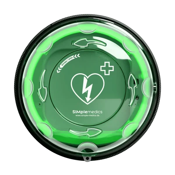 Überwachter AED Wandschrank "24/7 Connected" für Innen-/Außenmontage - SIMple medics Edition mit Öffnungshinweisen
