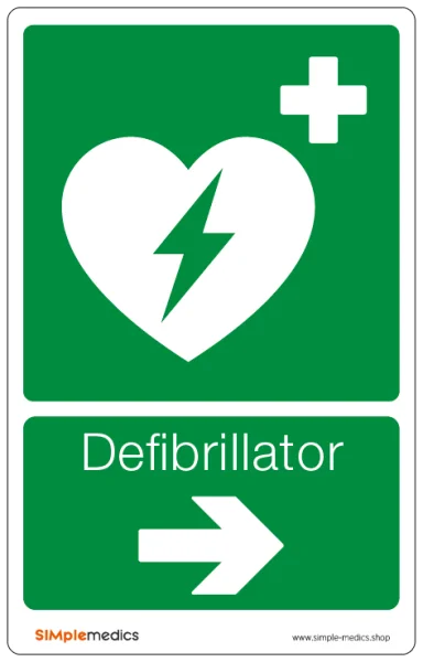 Hinweisschild "Defibrillator/AED", flach, mit Richtungspfeil