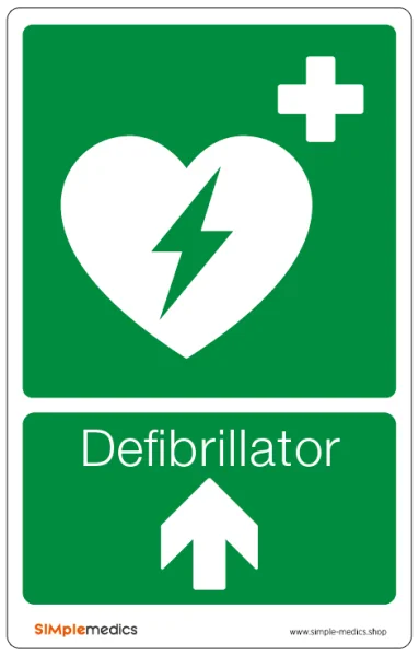 Hinweisschild "Defibrillator/AED", flach, mit Richtungspfeil nach oben