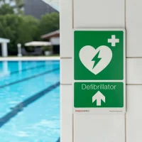 Hinweisschild "Defibrillator/AED", flach, mit Richtungspfeil nach oben