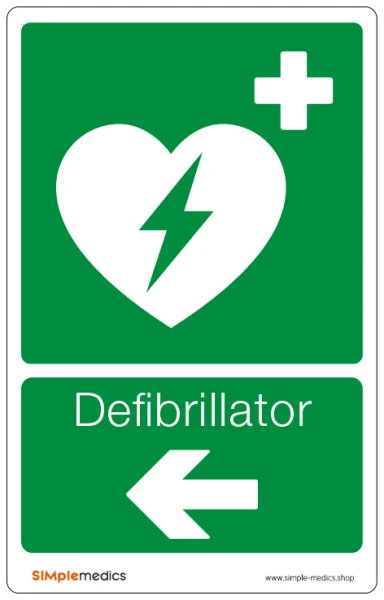 Hinweisschild "Defibrillator/AED", flach, mit Richtungspfeil nach links