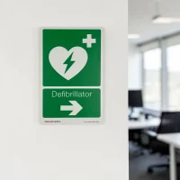 Hinweisschild "Defibrillator/AED", flach, mit Richtungspfeil nach rechts