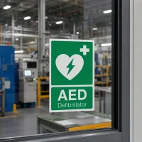 Aufkleber Hinweisschild "Defibrillator / AED" nach DIN / ILCOR Auf Glas (Außenanbringung)